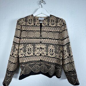 Adrianna Papell Womens Black Beige Silk Button Front Jacket Abstract Floral Sz 8